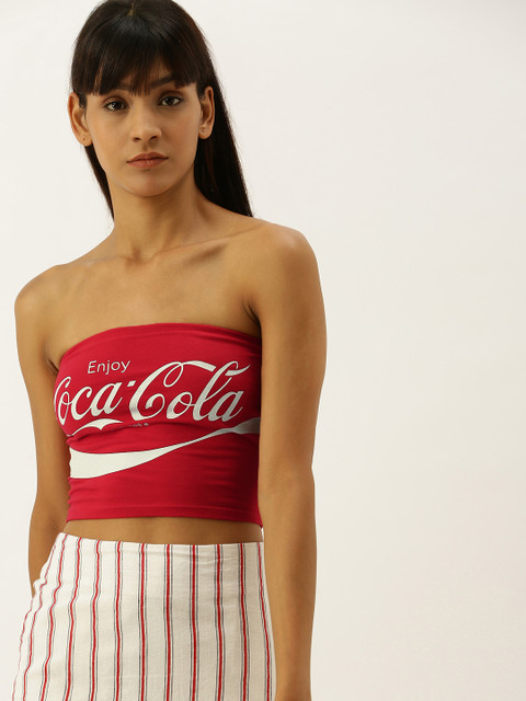 

FOREVER 21 Women Red Coco-Cola Printed Tube Crop Top