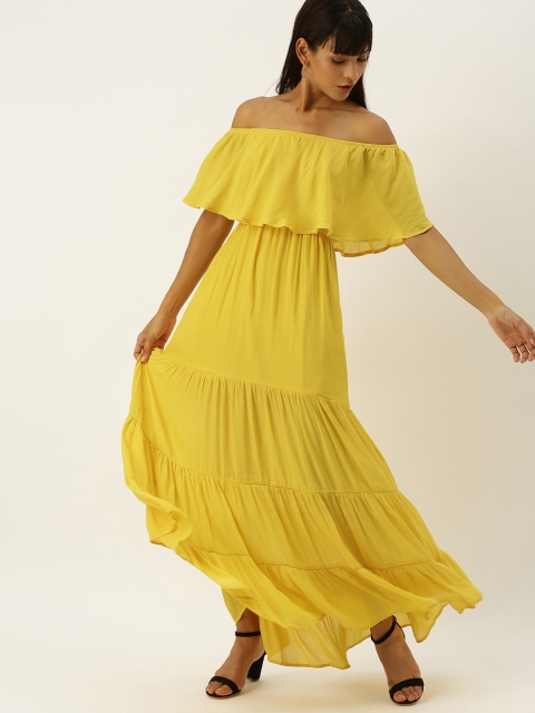

FOREVER 21 Women Yellow Solid Tiered Bardot Maxi Dress