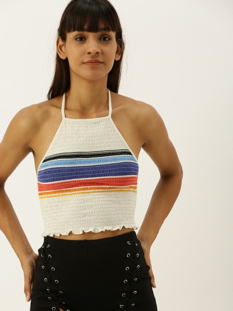 

FOREVER 21 Women White & Blue Striped Halter Neck Fitted Crop Top With Smocking & Detail