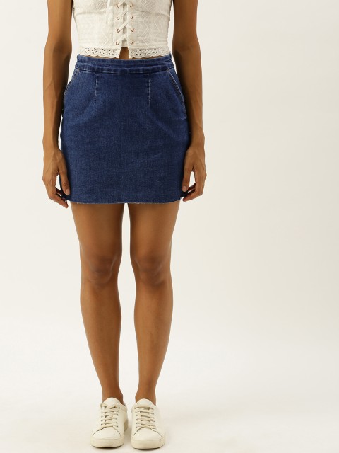 

FOREVER 21 Women Navy-Blue Solid StraightDenim Mini Skirt