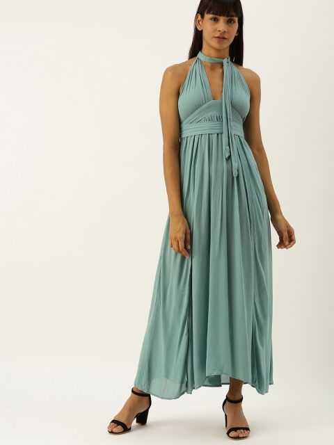 

FOREVER 21 Women Teal Green Solid High Slit Maxi Dress With Halter Neck