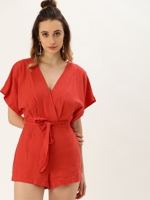 

FOREVER 21 Women Red Solid Linen Wrap Playsuit