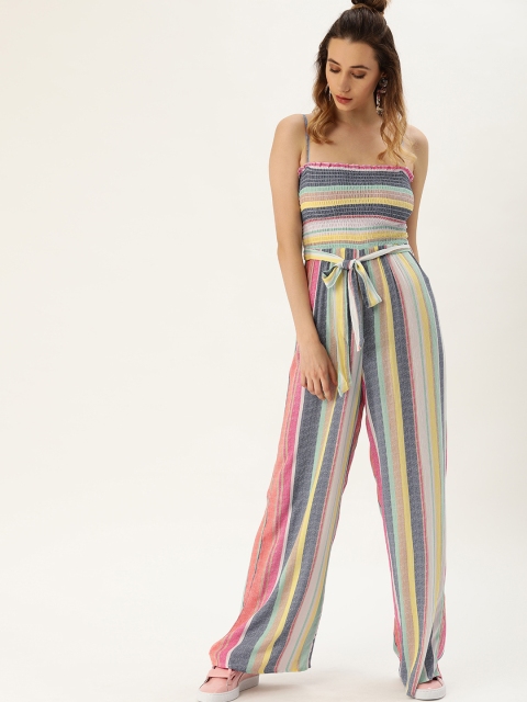 

FOREVER 21 Women Multicoloured Striped Basic Jumpsuit With Smocking & Wasit Tie-Up Detail, Multi