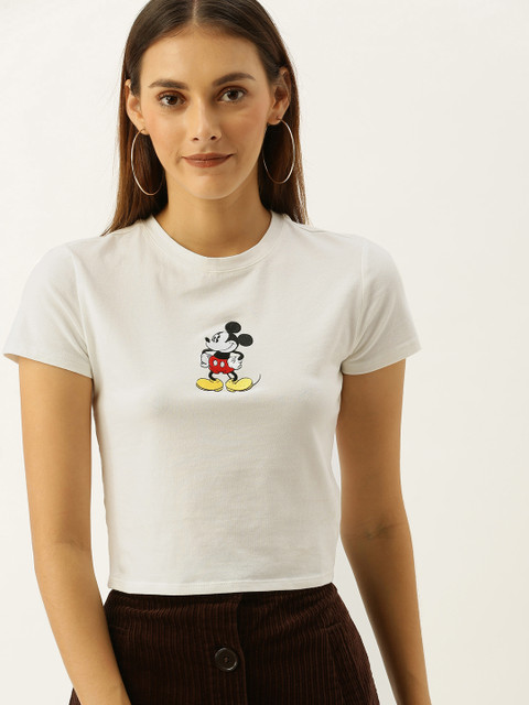 

FOREVER 21 Women White Solid Cropped Round Neck T-shirt With Embroidery