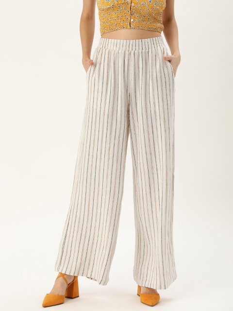 

FOREVER 21 Women Off-White & Navy Blue Regular Fit Striped Linen Parallel Trousers