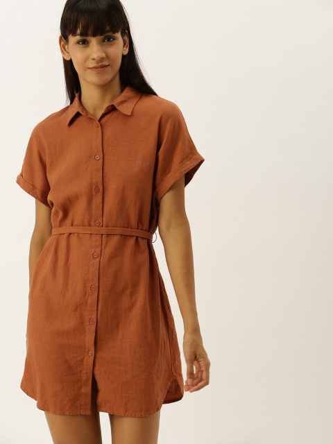 

FOREVER 21 Women Rust Orange Solid Shirt Linen Dress