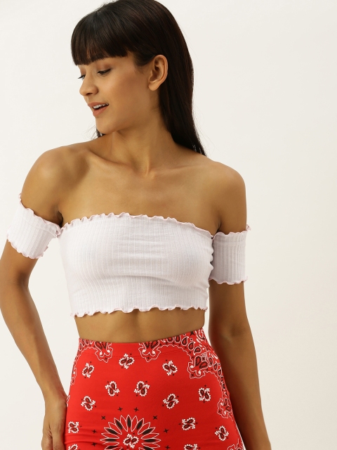 

FOREVER 21 Women White Ribbed Off-Shoulder Tube Crop Top With Lettuce Edges