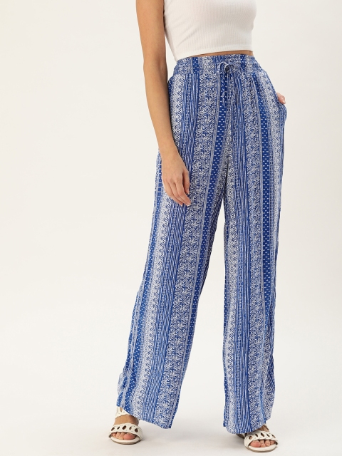 

FOREVER 21 Women Blue & White Printed Parallel Trousers