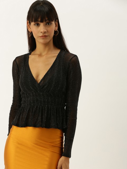 

FOREVER 21 Women Black & Silver-Toned Self Design Cinched Waist Top With Smocking Detail