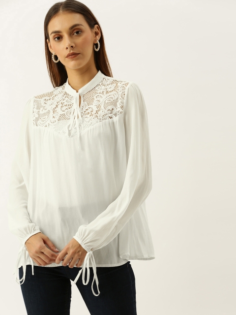 

FOREVER 21 Women White Solid Lace Inserts Top