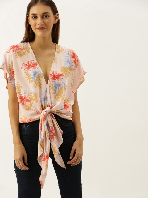 

FOREVER 21 Women Pink & Red Printed Waist Tie-up Top