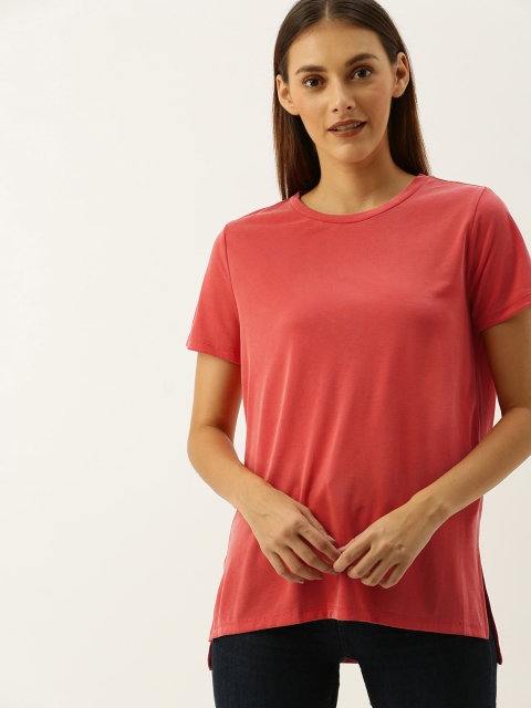 

FOREVER 21 Women Red Solid Round Neck T-shirt With Side Slits