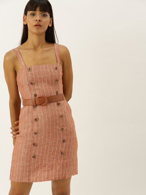 

FOREVER 21 Women Rust Orange Striped Linen Sheath Dress With Button Detailing