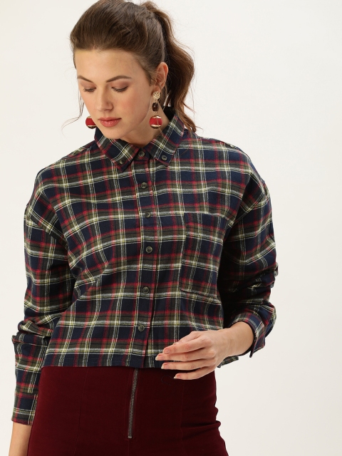 

FOREVER 21 Women Navy Blue & Olive Green Regular Fit Twill Woven Checked Casual Shirt