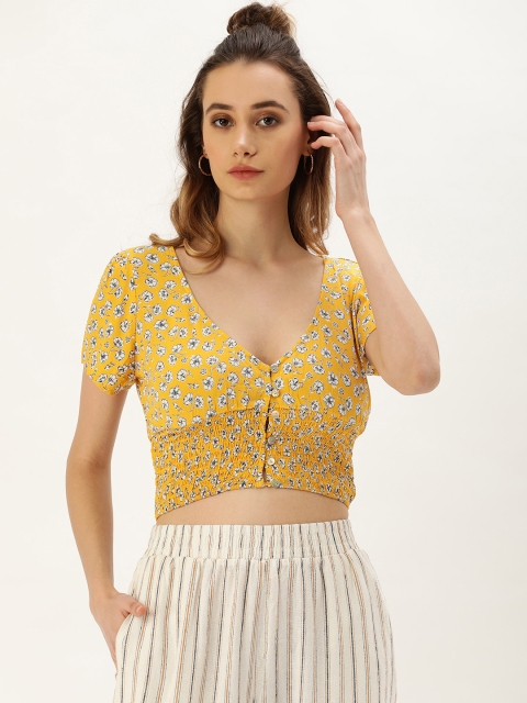 

FOREVER 21 Women Mustard Yellow & White Printed Smocked Cinched Waist Crop Top