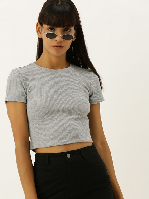 

FOREVER 21 Women Grey Solid Cropped Ribbed Fitted Top