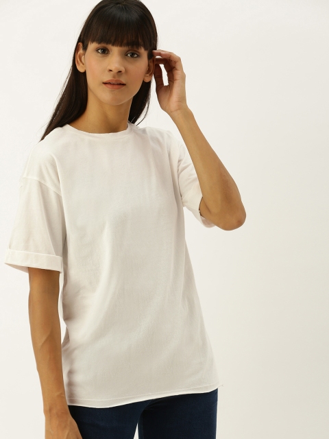 

FOREVER 21 Women Off-White Loose Fit Solid Round Neck Longline T-shirt