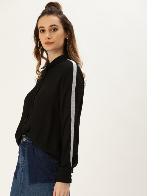 

FOREVER 21 Women Black Regular Fit Solid Casual Shirt With Side Taping