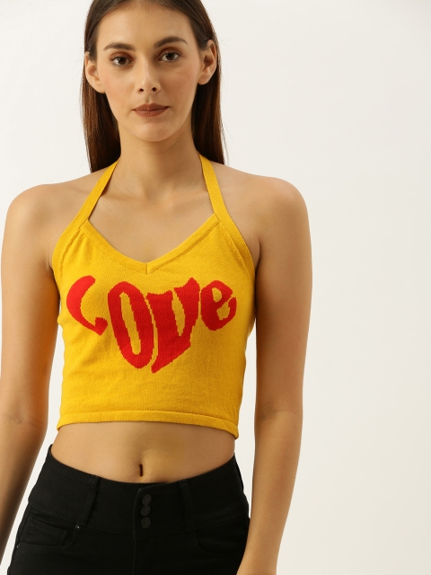 

FOREVER 21 Women Mustard Yellow Printed Fitted Crop Top