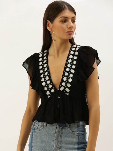 

FOREVER 21 Women Black Embroidered A-Line Crop Top with Ruffles