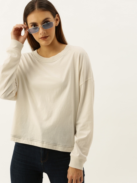 

FOREVER 21 Women Off-White Solid Round Neck T-shirt