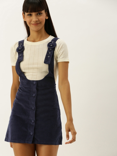 

FOREVER 21 Women Navy Blue Solid Corduroy Pinafore Dress