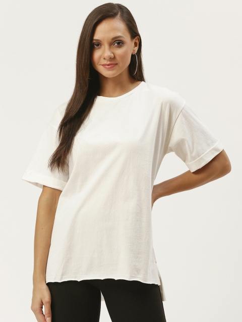 

FOREVER 21 Women Off-White Solid Round Neck T-shirt
