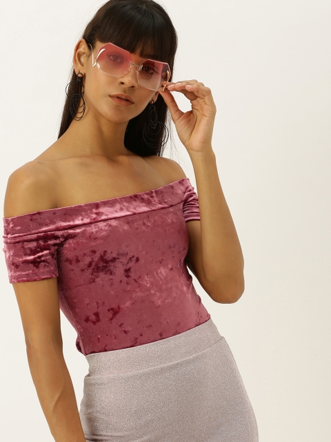 

FOREVER 21 Women Magenta Pink Solid Velvet Bardot Top