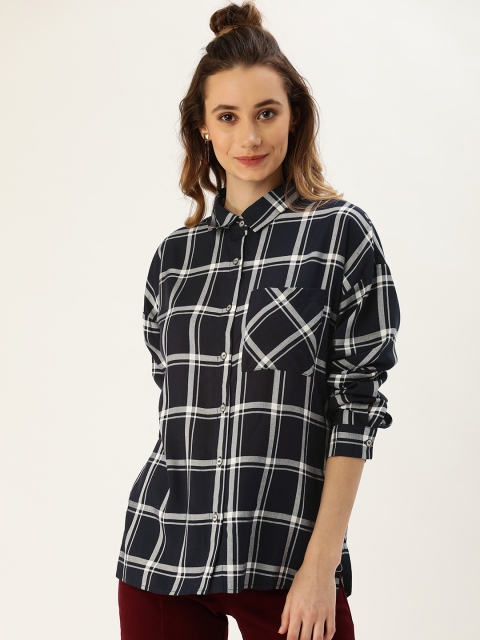 

FOREVER 21 Women Navy Blue & White Regular Fit Checked Casual Shirt With Pleated Detailing