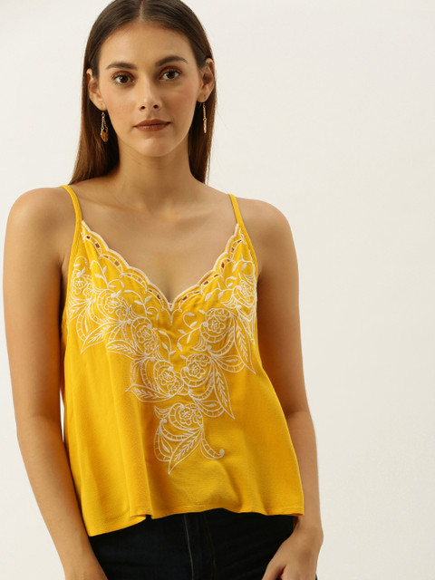 

FOREVER 21 Women Mustard Yellow Embroidered Top