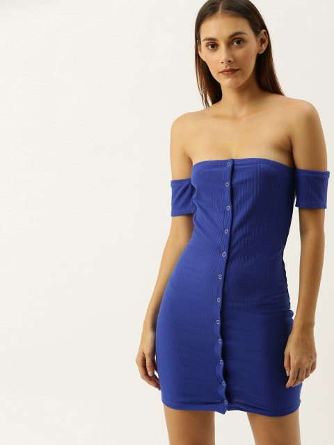 

FOREVER 21 Women Blue Self-Striped Off-Shoulder Bodycon Dress