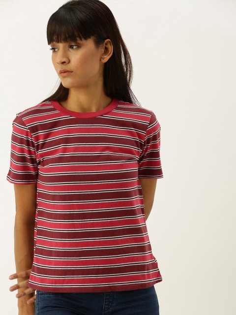 

FOREVER 21 Women Burgundy & Red Striped Round Neck T-shirt