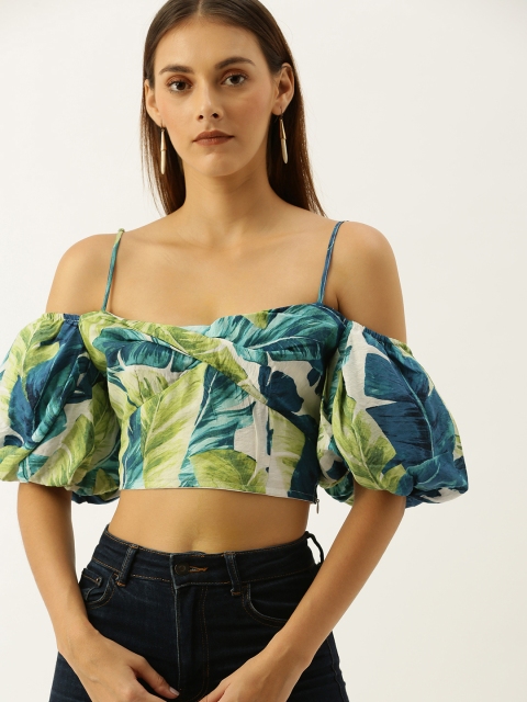 

FOREVER 21 Women Green & Blue Printed Crop Top