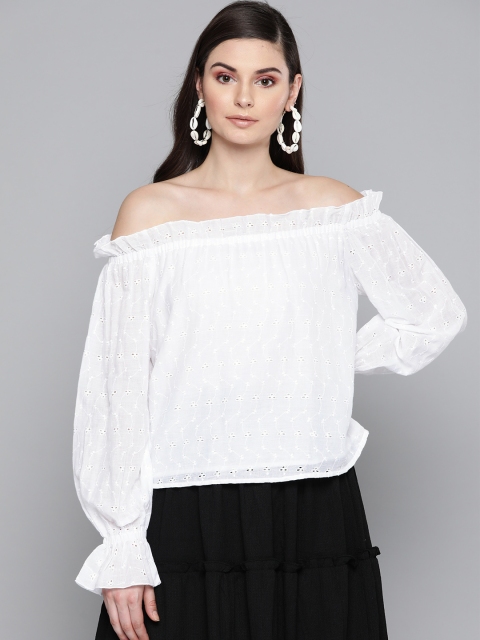 

SASSAFRAS White Schiffli Embroidered Off-Shoulder Bardot Pure Cotton Top
