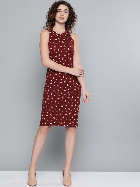 

SASSAFRAS Women Maroon & Off-White Floral Printed Bodycon Dress