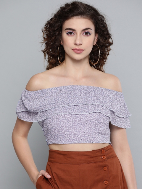 

SASSAFRAS Lavender & Off-White Ditsy Floral Crop Bardot Top