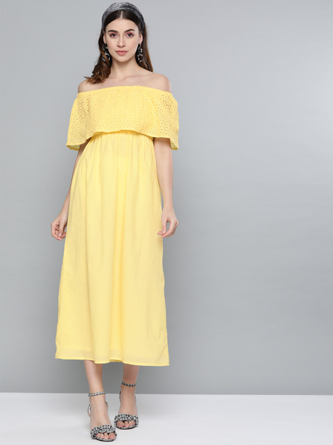 

SASSAFRAS Women Yellow Schiffli Embroidered Detail Off-Shoulder A-Line Dress