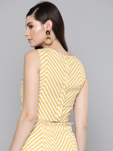 

SASSAFRAS Women Mustard Yellow & White Chevron Printed Crop Top