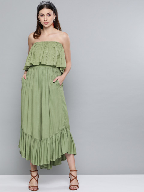 

SASSAFRAS Women Olive Green Schiffli Embroidered Basic Jumpsuit