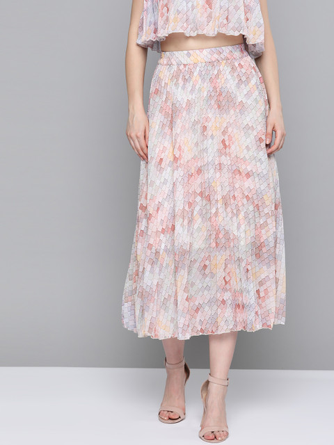 

SASSAFRAS Women Peach-Coloured & Mint Green Printed Accordion Pleat A-Line Skirt