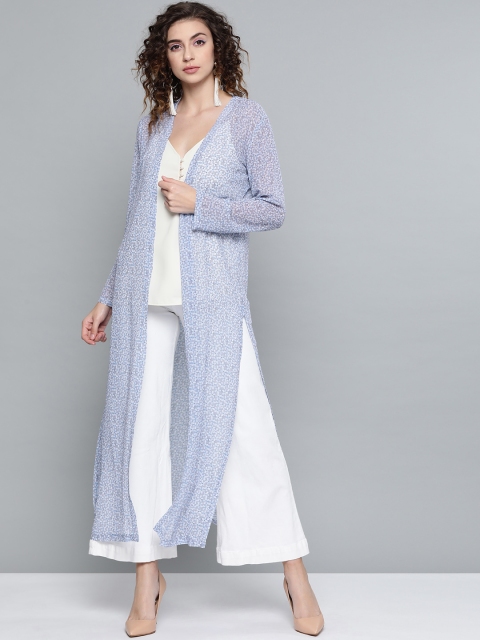 

SASSAFRAS Blue & Off-White Ditsy Floral Side Slit Longline Shrug