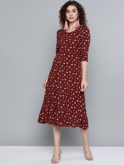 

SASSAFRAS Women Maroon & Off-White Floral Printed A-Line Dress