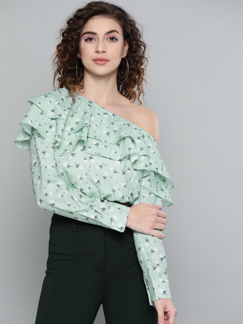 

SASSAFRAS Women Sea Green & Blue Printed One-Shoulder Crop Blouson Top