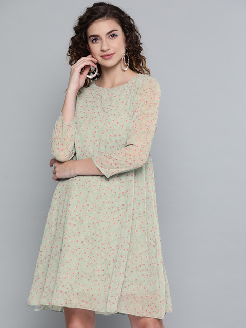 

SASSAFRAS Women Green & Pink Floral Printed A-Line Dress