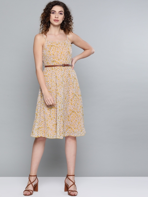 

SASSAFRAS Women Yellow & Off-white Floral Printed A-Line Dress