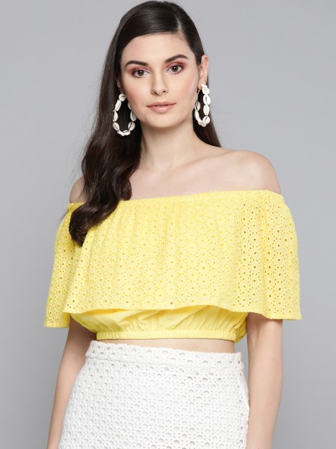 

SASSAFRAS Women Yellow Embroidered Schiffli Crop Layered Bardot Pure Cotton Top