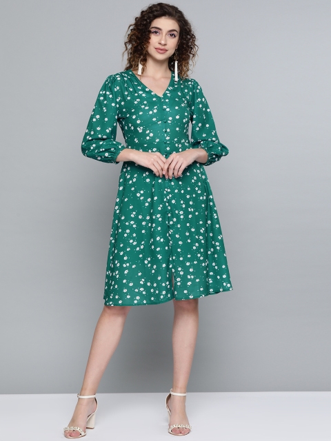 

SASSAFRAS Women Green & White Floral Printed A-Line Dress