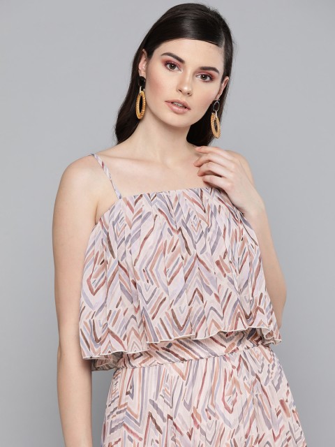 

SASSAFRAS Women Dusty Pink & Grey Accordion Pleat Cropped A-Line Top