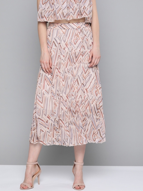 

SASSAFRAS Women Dusty Pink & Grey Accordion Pleat Printed A-Line Skirt