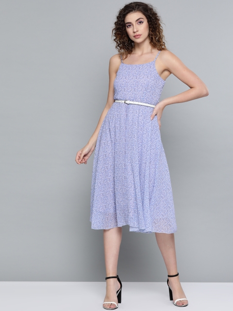 

SASSAFRAS Women Lavender & Off-White Floral Printed A-Line Dress